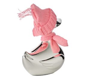 Spardose Ente, edel versilbert, anlaufgeschützt, Höhe 13 cm, mit Schal & Mütze in rosa und hellblau 3
