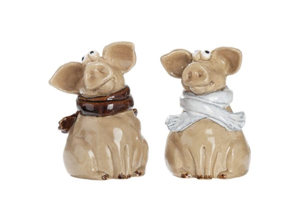 Keramik Schwein „Oskar“ mit Schal, 2er-Set, Höhe 19cm, von Gilde 1
