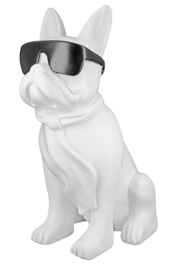 Poly Mops „Cool Dog“ mit Brille, sitzend, Höhe 35cm, weiß / Schwarz, von Gilde 1