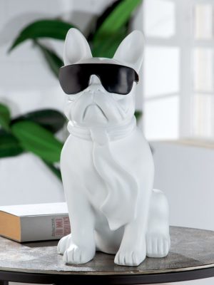 Poly Mops „Cool Dog“ mit Brille, sitzend, Höhe 35cm, weiß / Schwarz, von Gilde 5