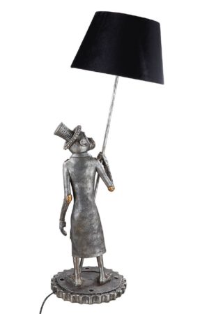Poly Lampe „Steampunk Monkey“, antik-silberfarben, Samtschirm, Höhe 90cm, von Gilde 9