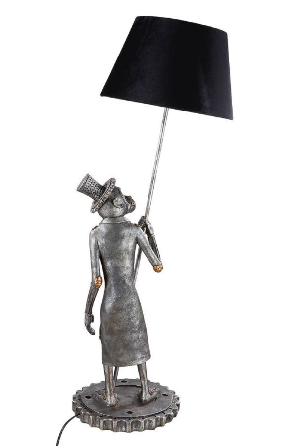 Poly Lampe „Steampunk Monkey“, antik-silberfarben, Samtschirm, Höhe 90cm, von Gilde 5