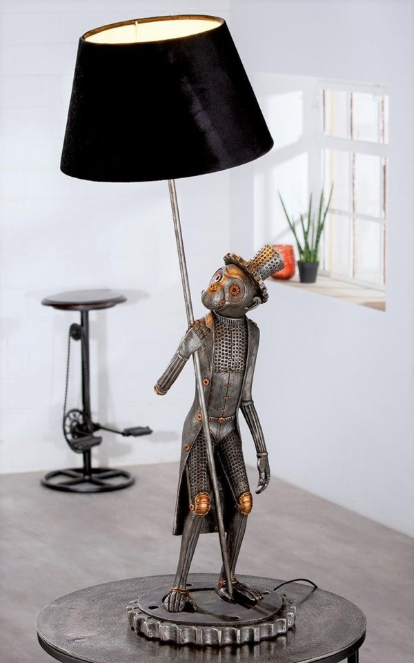 Poly Lampe „Steampunk Monkey“, antik-silberfarben, Samtschirm, Höhe 90cm, von Gilde 2