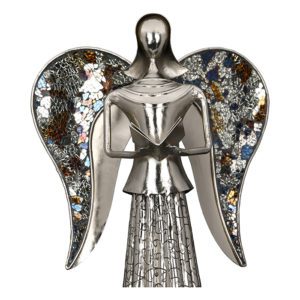 Engel „Muriel"mit Buch, Höhe 60cm, Aluminium, silberfarben-antikfinish, Flügel mit Strass, von Gillde 9