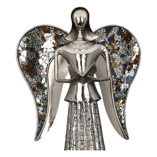Engel „Muriel"mit Buch, Höhe 60cm, Aluminium, silberfarben-antikfinish, Flügel mit Strass, von Gillde 3