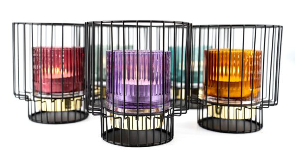 Teelichthalter klein (verschiedene Farben) Glas mit passenden schwarzen Kerzenständer aus Metall 1